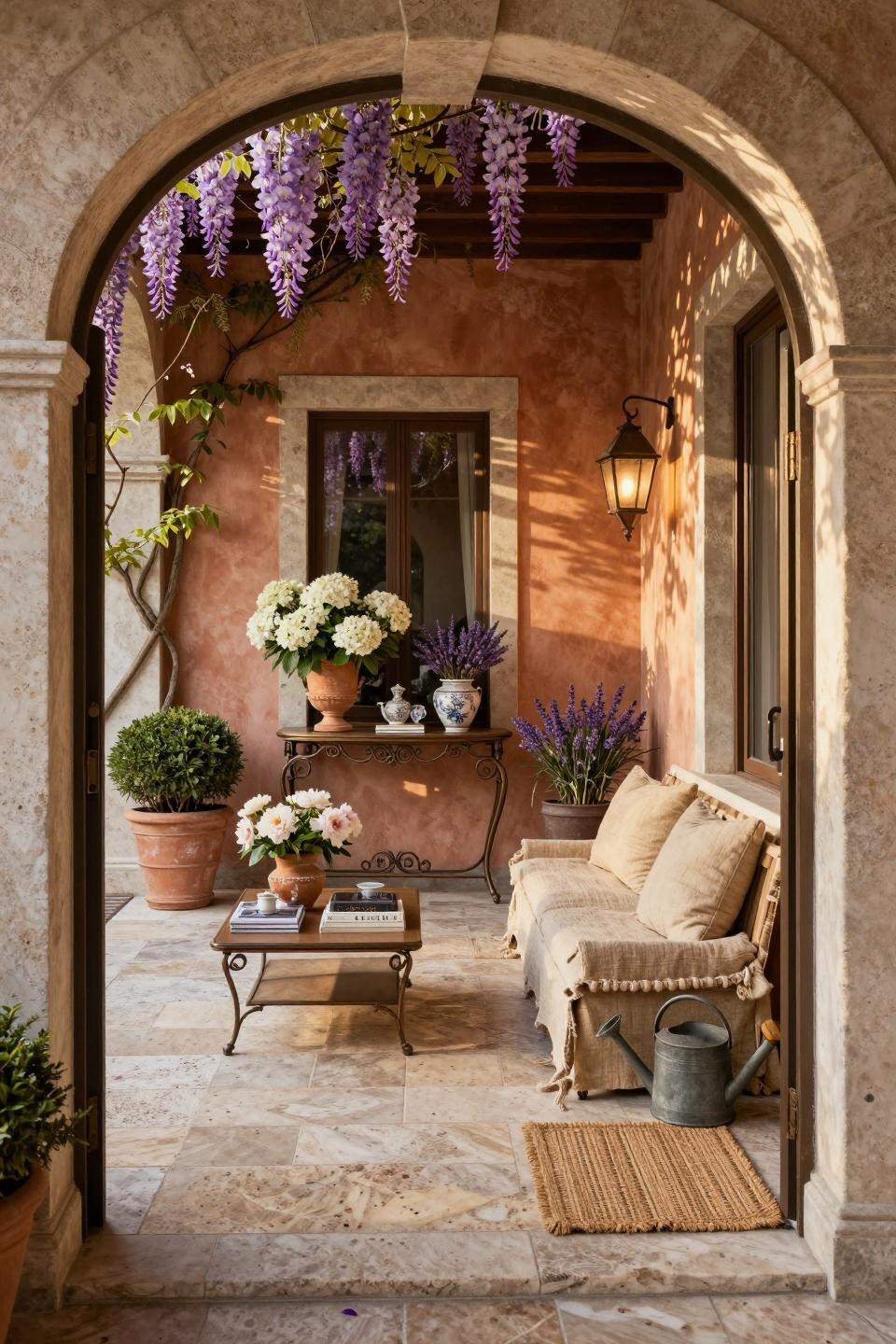 Front porch decorating ideas with Italian sophistication and wrought iron console