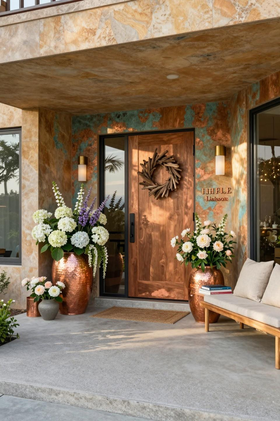 Cozy front porch ideas featuring hand-hammered copper planters with hydrangeas