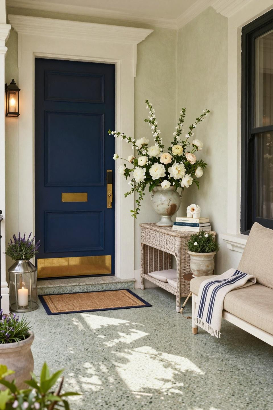 Small front porch ideas with terrazzo flooring and coastal chic styling