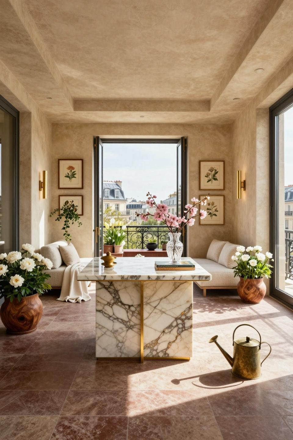 Spring front porch decor featuring Calacatta Gold marble console with brass base