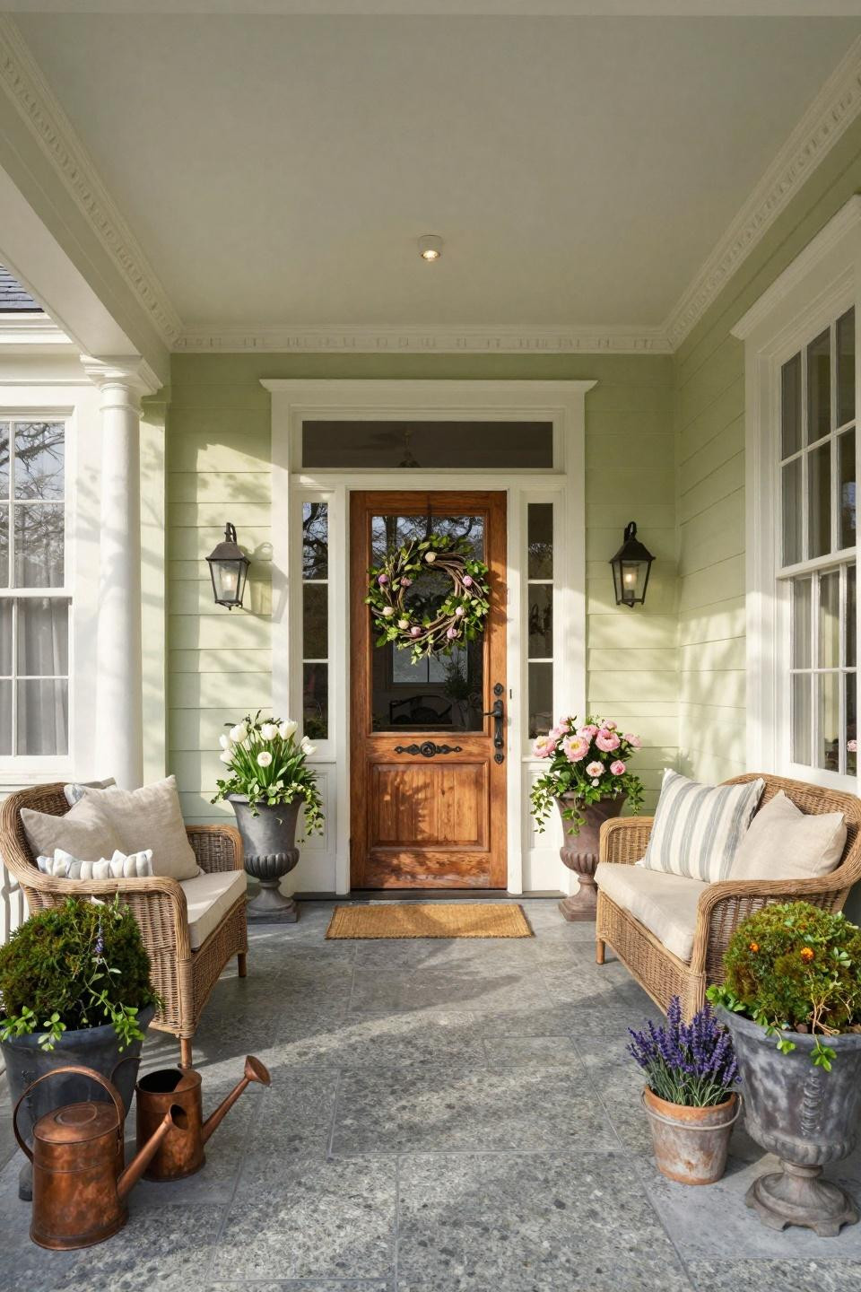 Spring porch decor with weathered iron urns filled with white tulips and pink peonies