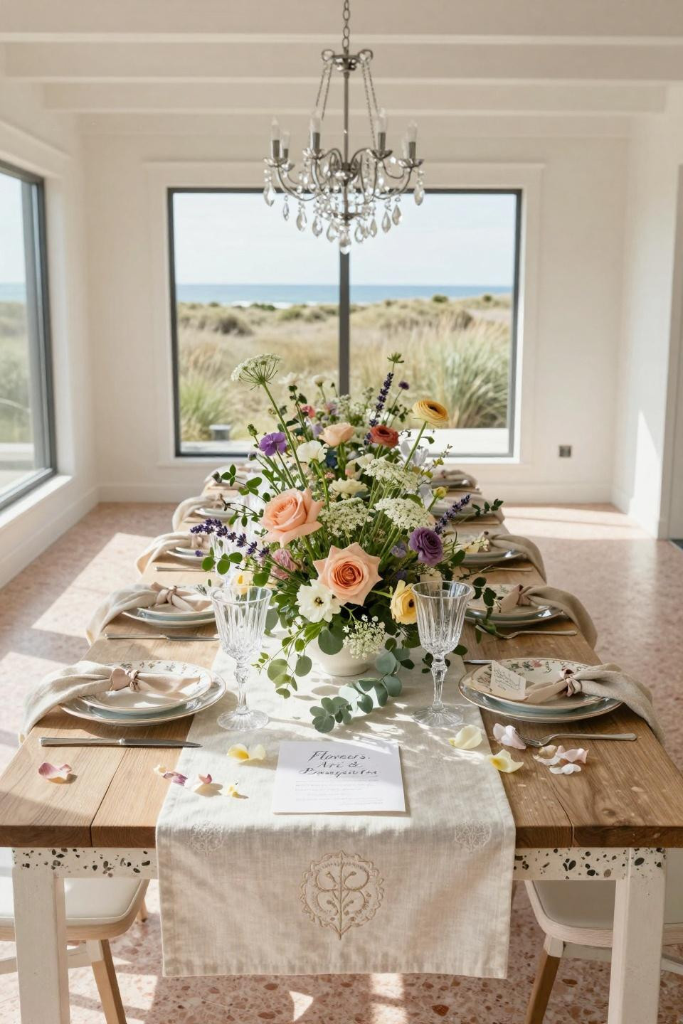 In bloom baby shower theme with wildflower centerpiece on terrazzo dining table