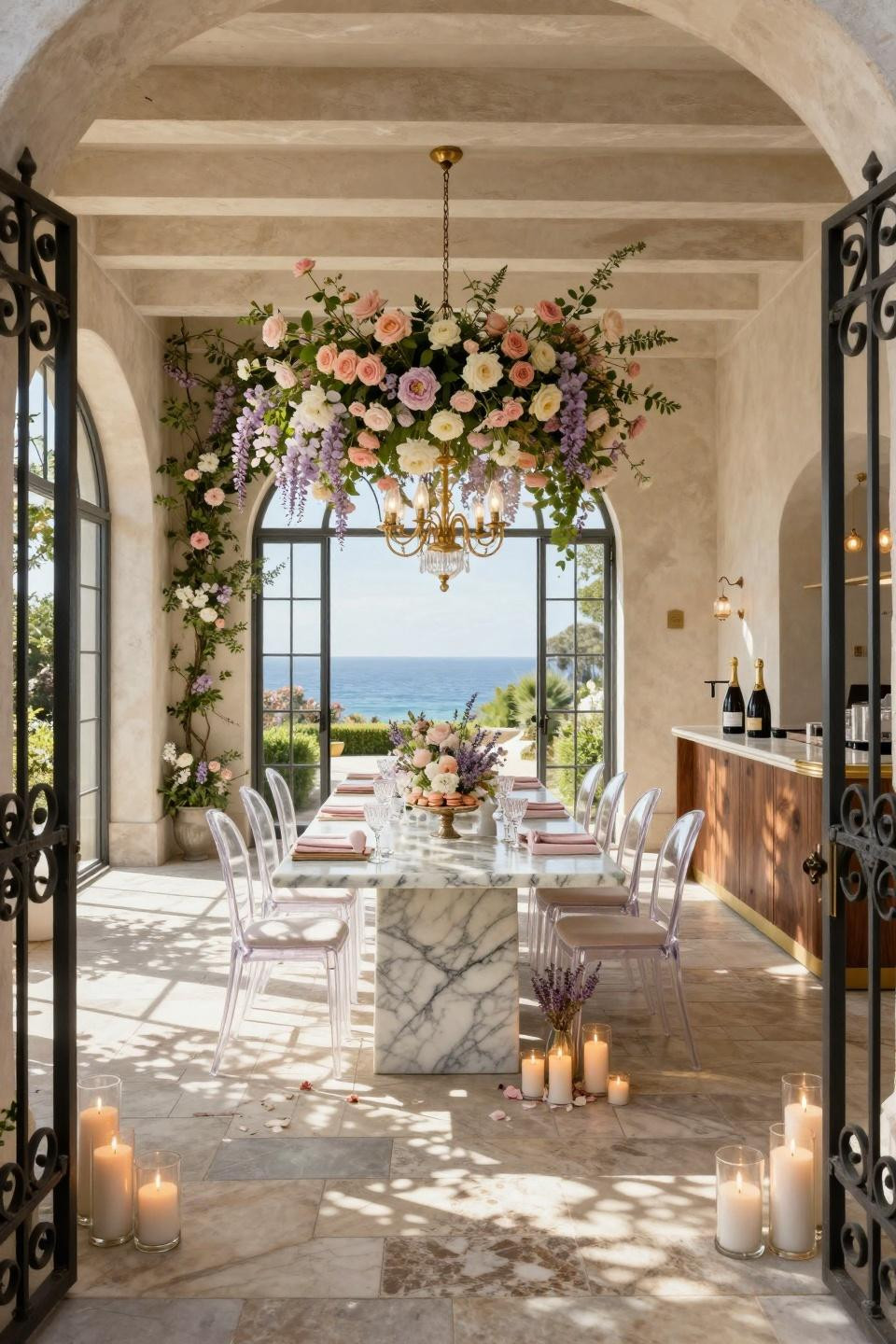 In bloom baby shower theme with floral installation above Calacatta Gold marble table