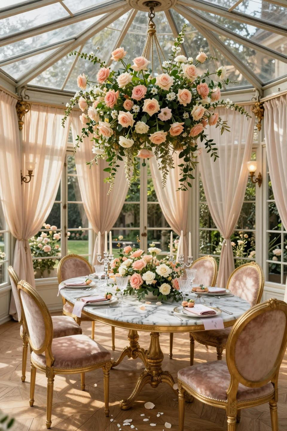 In bloom baby shower theme with three thousand blush roses in Parisian conservatory