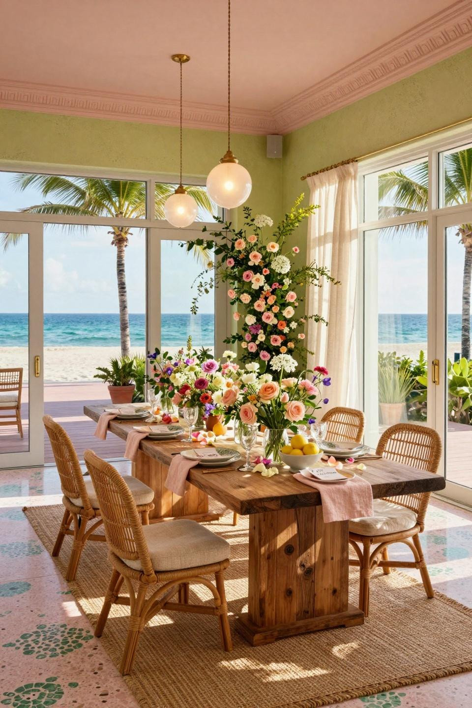 In bloom baby shower theme with wildflower installation on reclaimed teak farm table