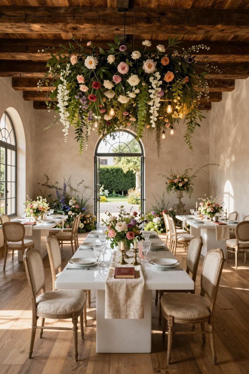 In bloom baby shower theme with suspended botanical ceiling in Milanese villa
