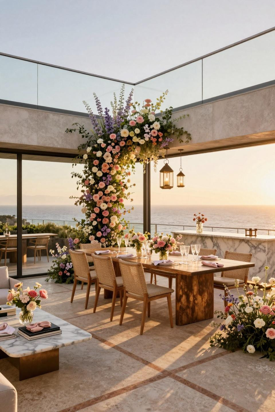 In bloom baby shower theme with twenty-foot cascading wildflower arch on Malibu rooftop