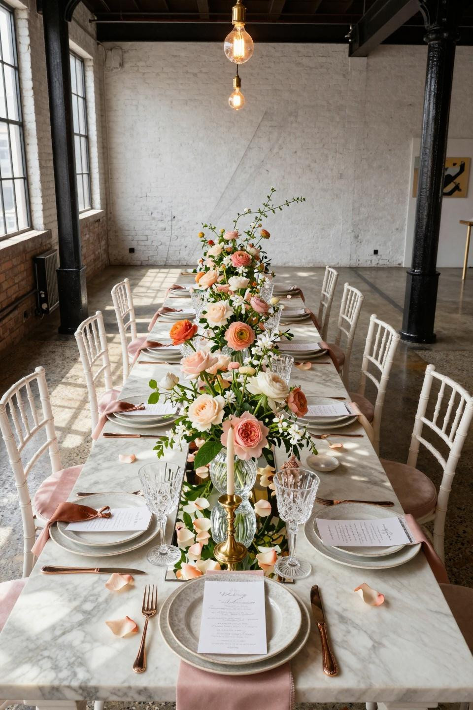 In bloom baby shower theme with Murano glass vessels on mirrored runner in Tribeca loft