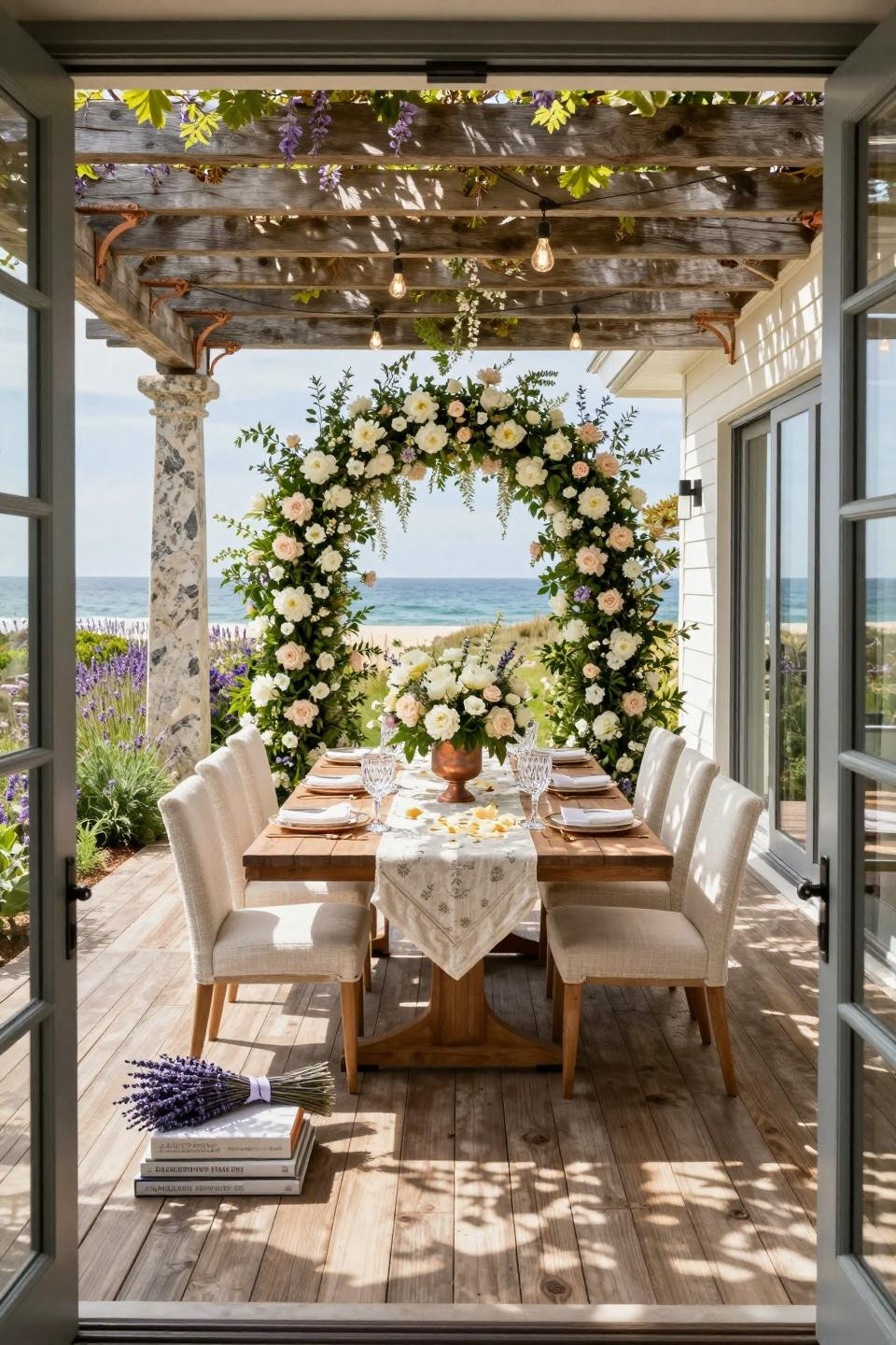 In bloom baby shower theme with twenty-foot floral arbor on Hamptons terrace