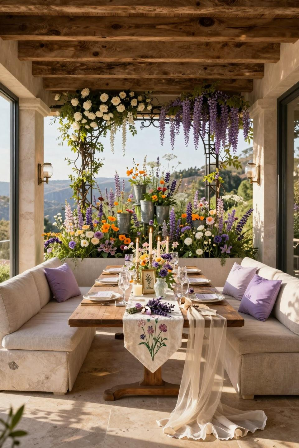 In bloom baby shower theme with tiered botanical structure in Beverly Hills estate
