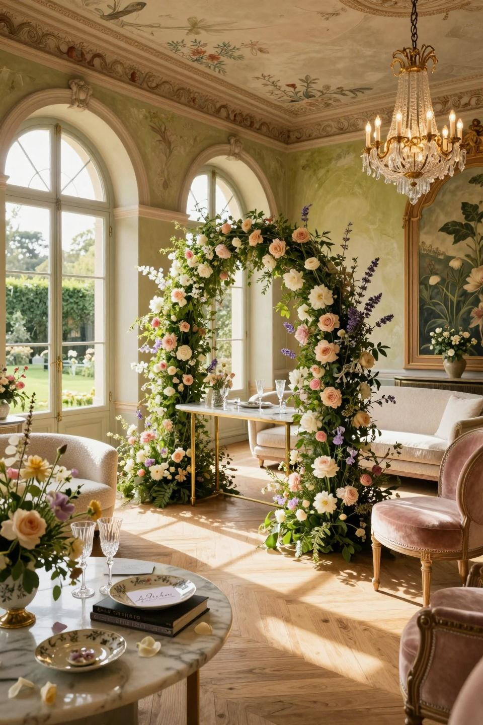 In bloom baby shower theme with seven-foot custom floral arch in Parisian manor