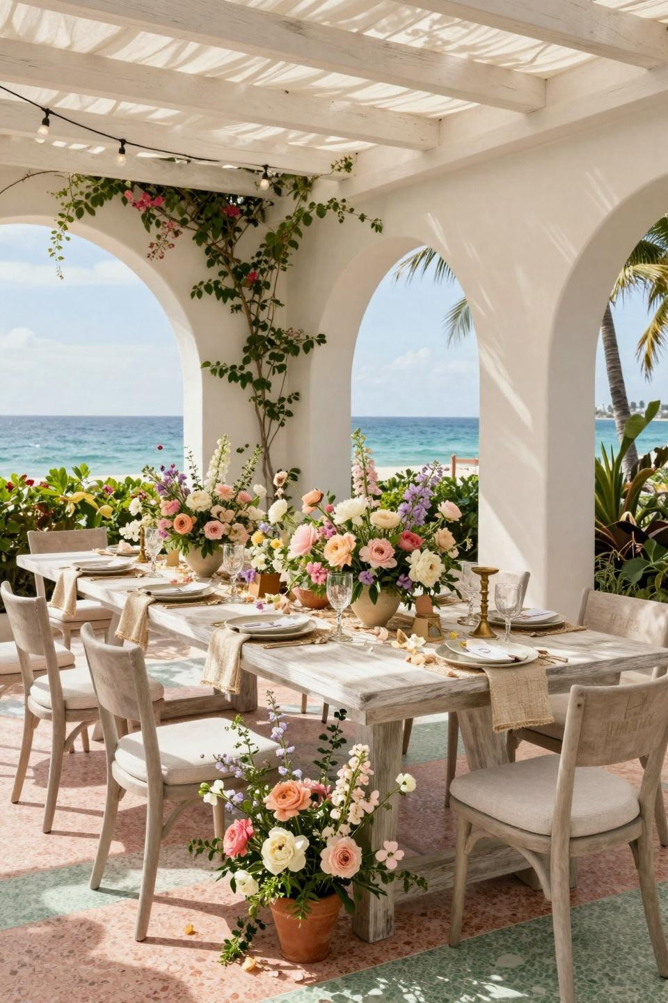 Garden party bridal shower ideas with wildflower arrangements on whitewashed oak table