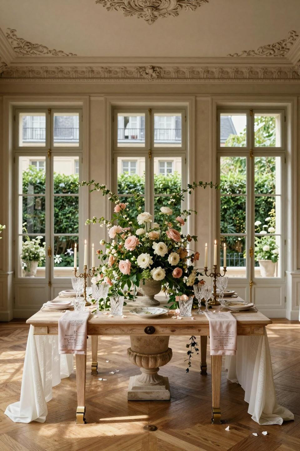Spring bridal shower ideas with cascading roses in French limestone urns