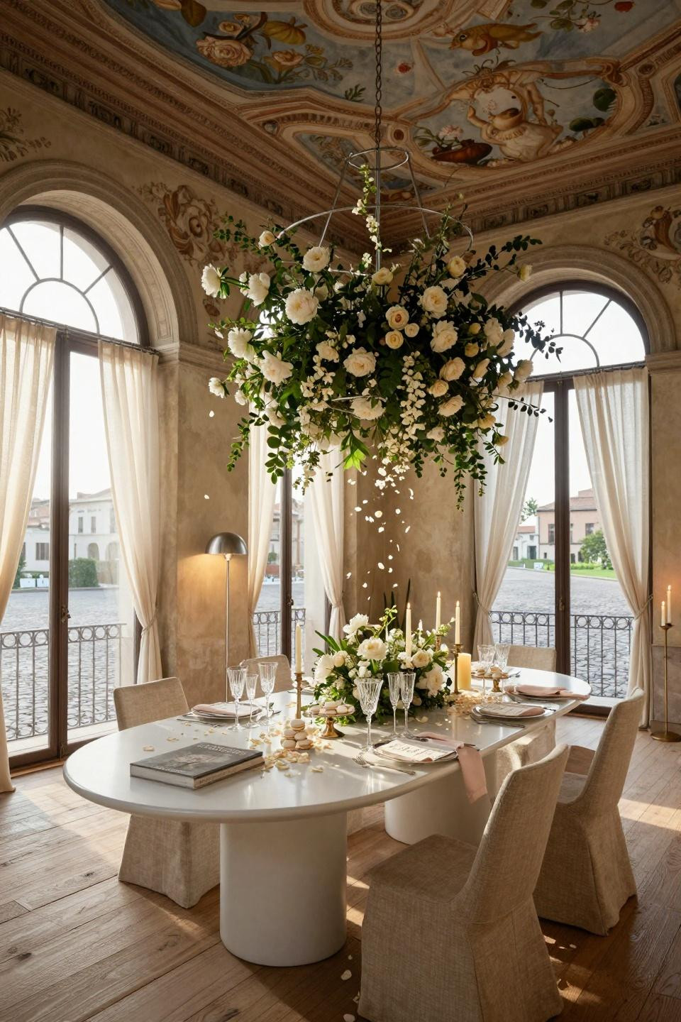 Wedding shower themes with 12-foot suspended garden chandelier in Milanese palazzo
