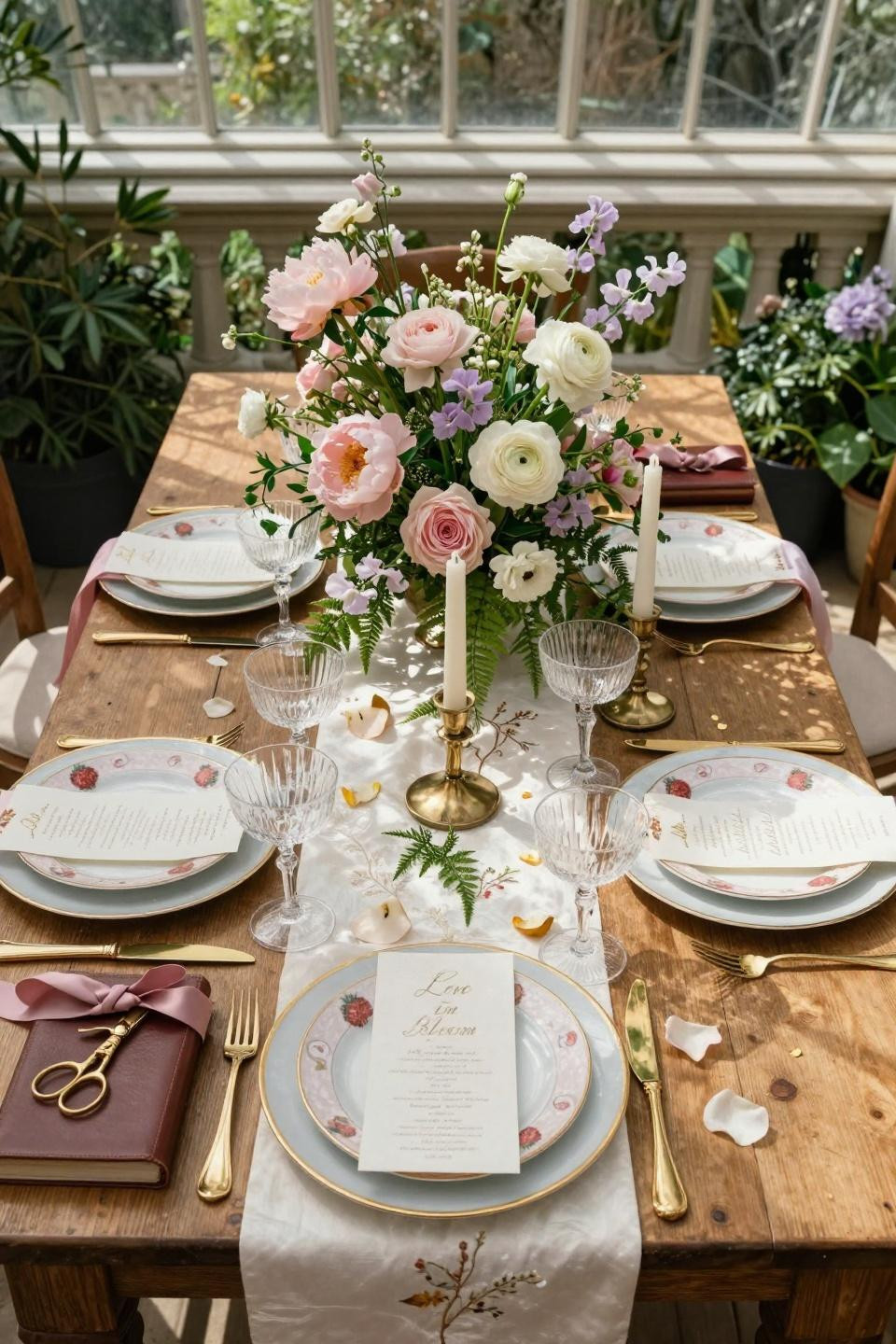 Wedding shower ideas featuring overhead tablescape with Wedgwood china and gold flatware