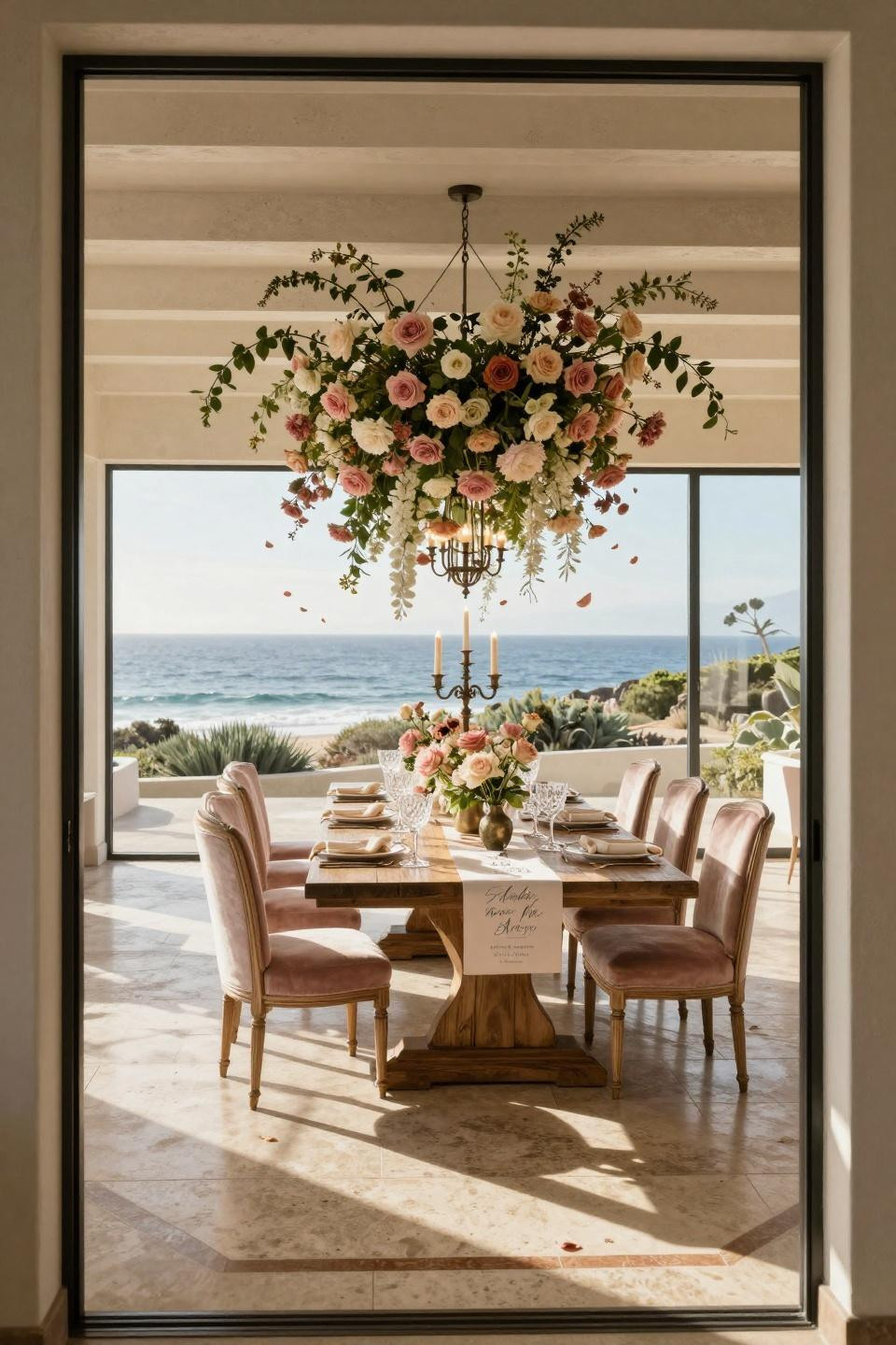 Spring bridal shower themes with suspended floral installation in Malibu estate