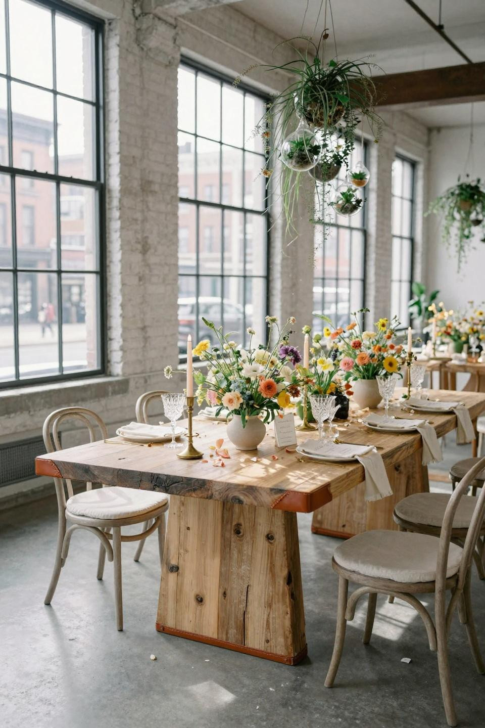 Wildflower bridal shower ideas with reclaimed wood harvest table in NYC loft