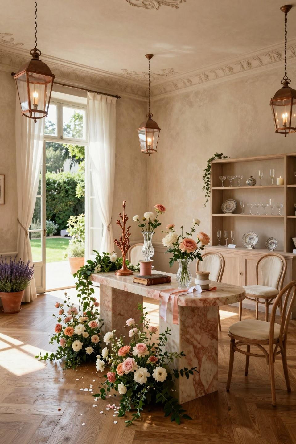 Bridal shower inspo featuring blush-veined quartzite waterfall console with floral installation