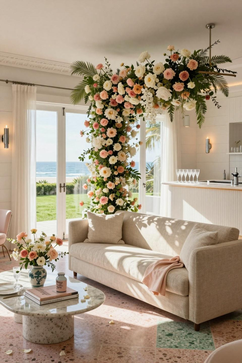 Bridal shower flower theme with overhead floral chandelier in Hamptons estate