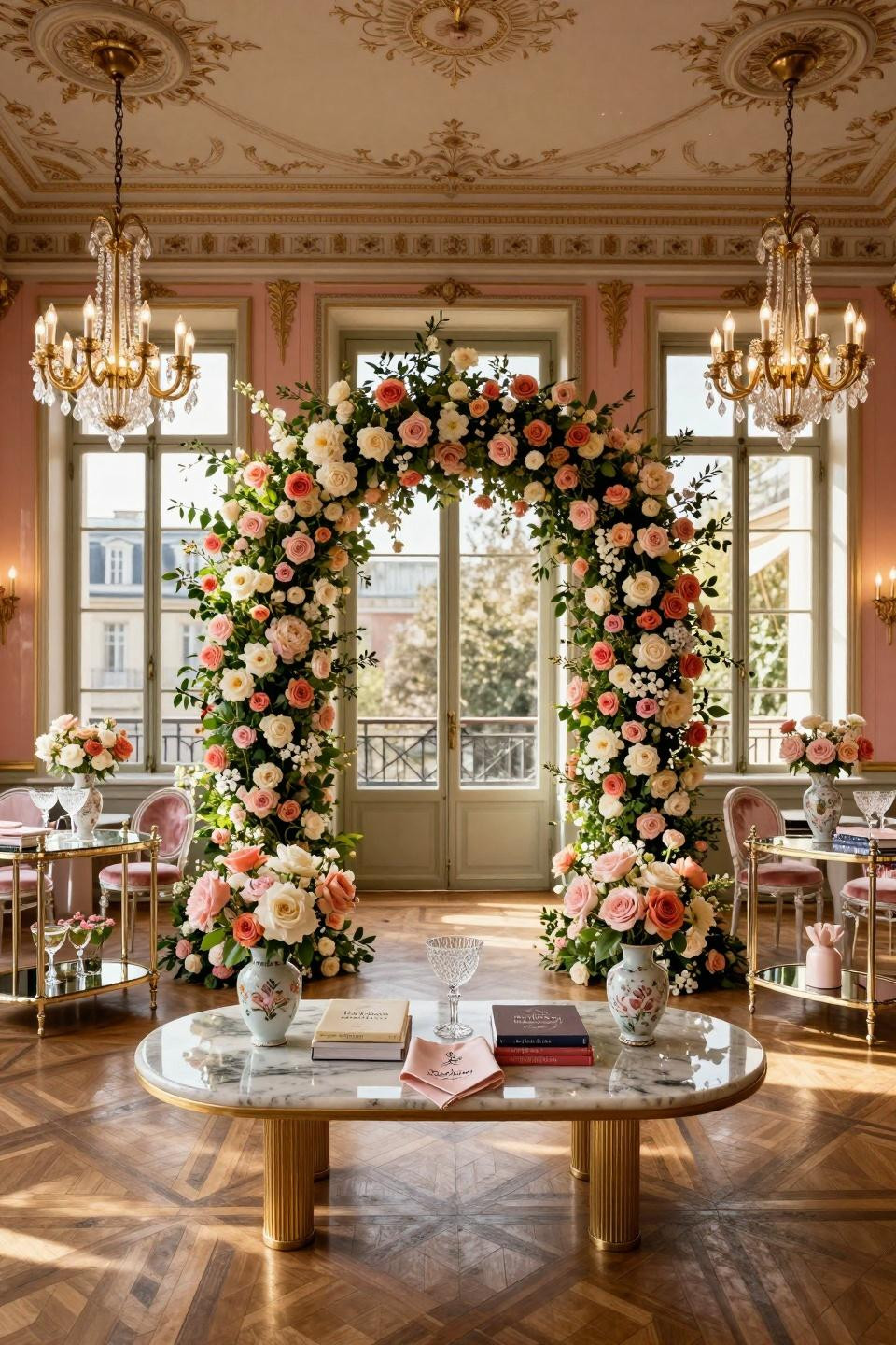 Love in bloom bridal shower theme with twelve-foot cascading rose arch in Parisian Haussmann townhouse