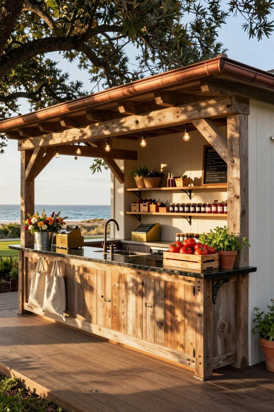 Farm market ideas with honed granite and oil-rubbed iron hardware