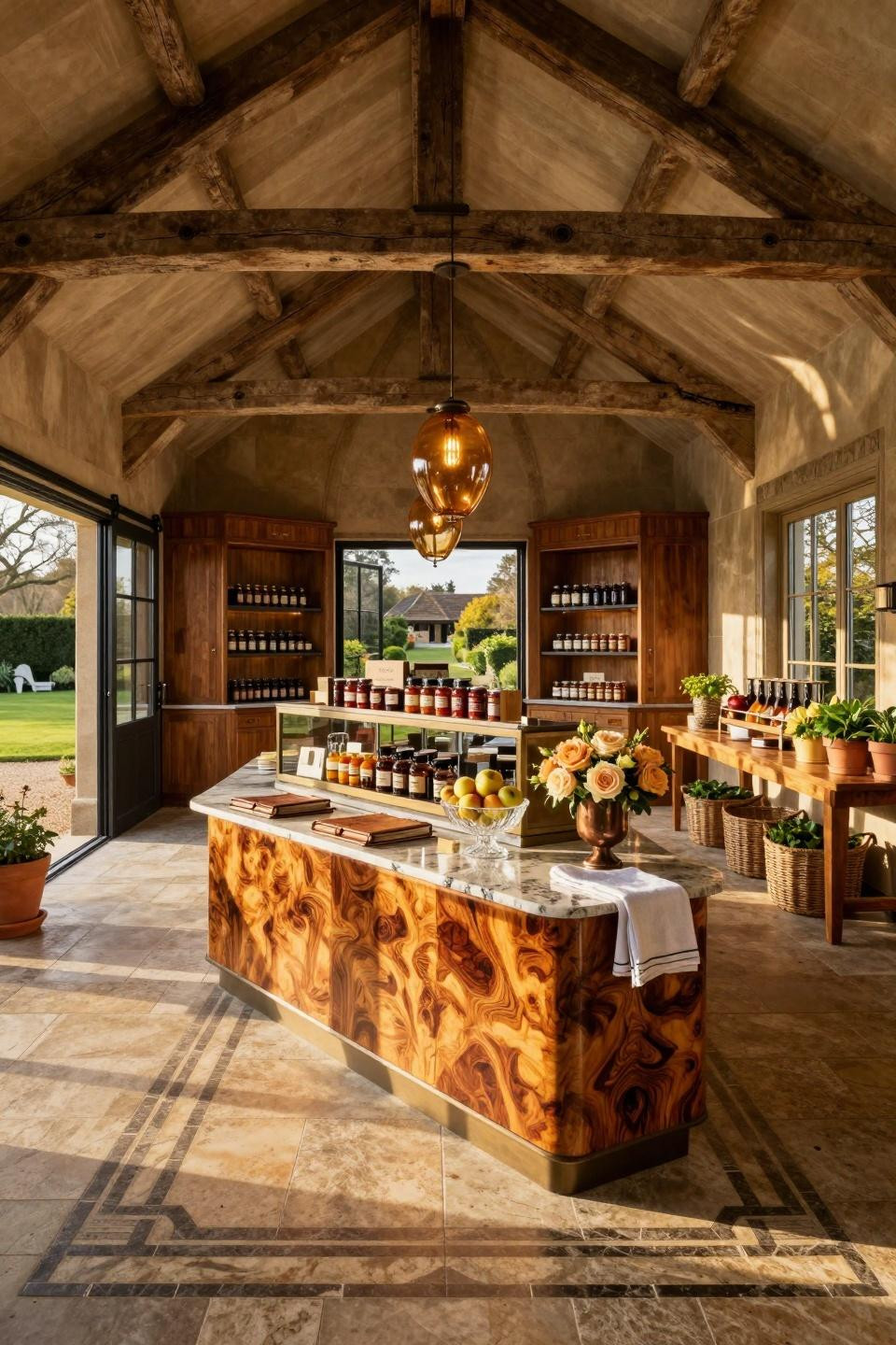 Farm market ideas with book-matched teak burl and aged bronze fixtures