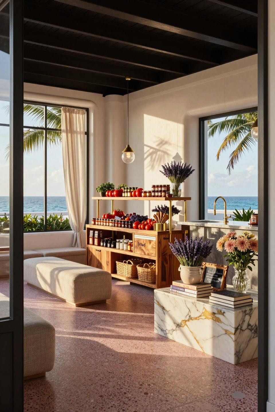 Farm market ideas with Calacatta Gold marble and Art Deco terrazzo