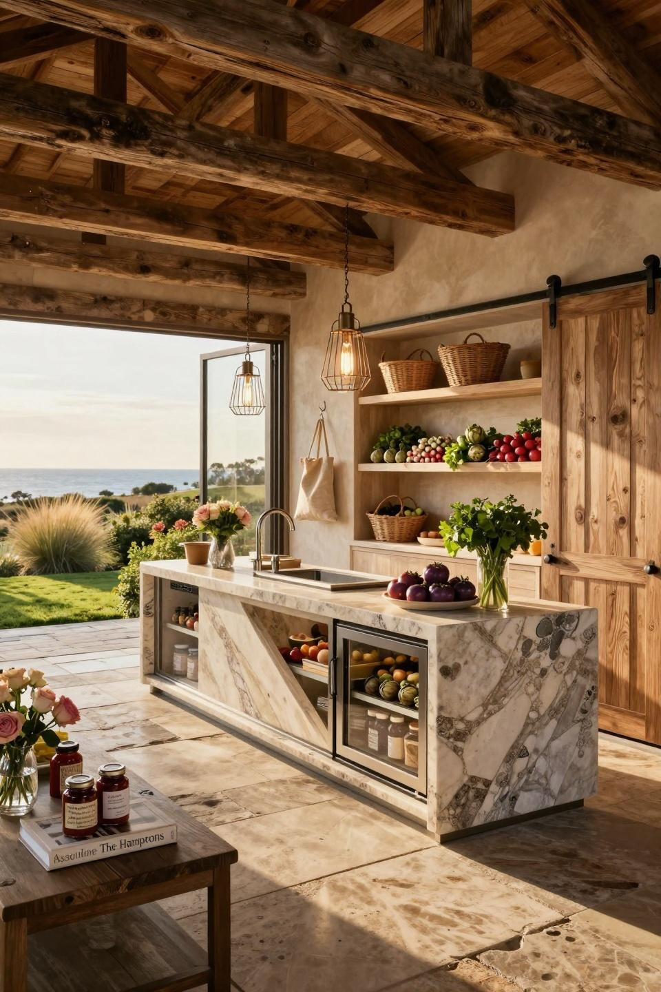 Roadside stand ideas with book-matched French limestone and Sub-Zero refrigeration