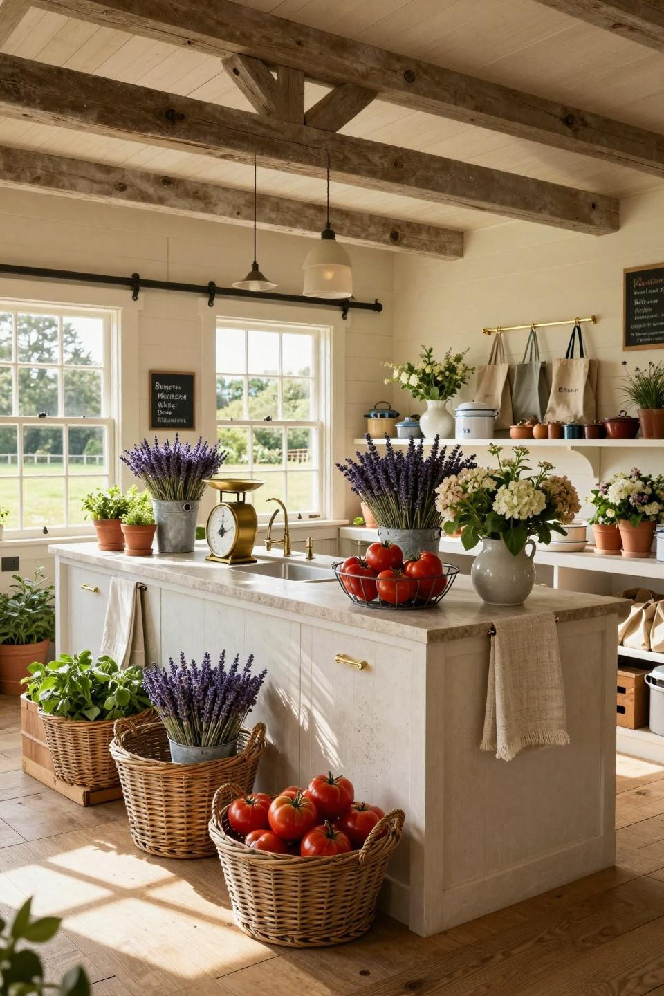 Farmers market booth ideas featuring limestone counters with English willow baskets