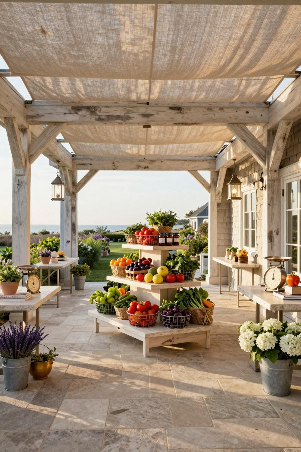 Farmers market set up with limestone counters and Visual Comfort lanterns