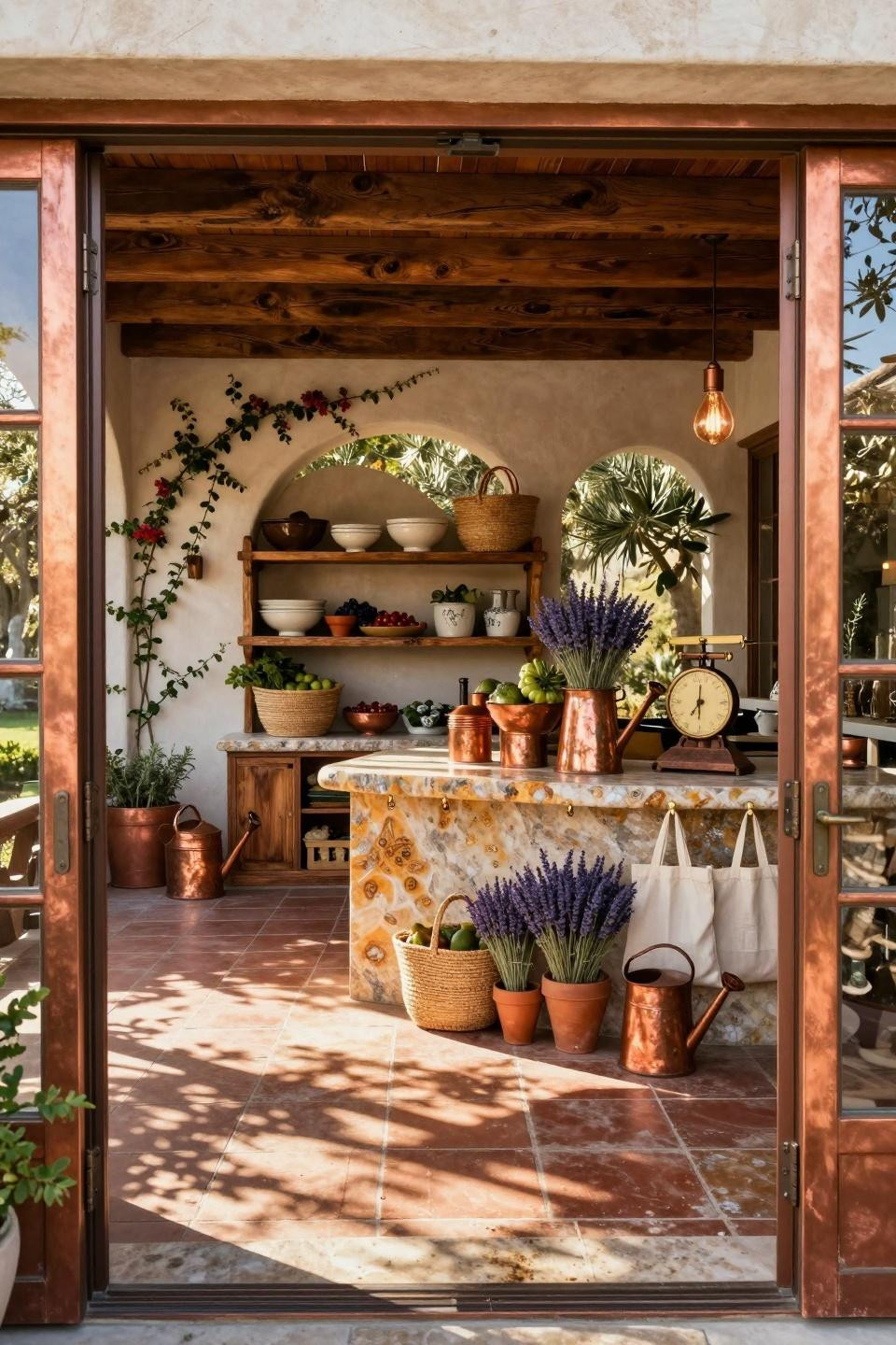 Farmers market ideas to sell featuring quartzite counters and copper fixtures