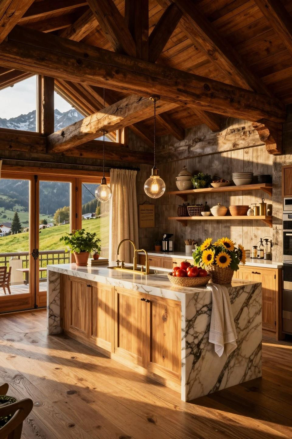 Farmstand display ideas with 200-year-old reclaimed timber and Calacatta Gold marble