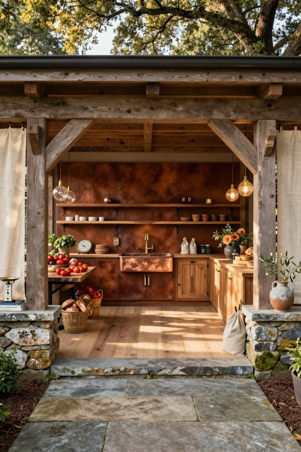 Farmers market booth ideas with reclaimed oak beams and leather panels