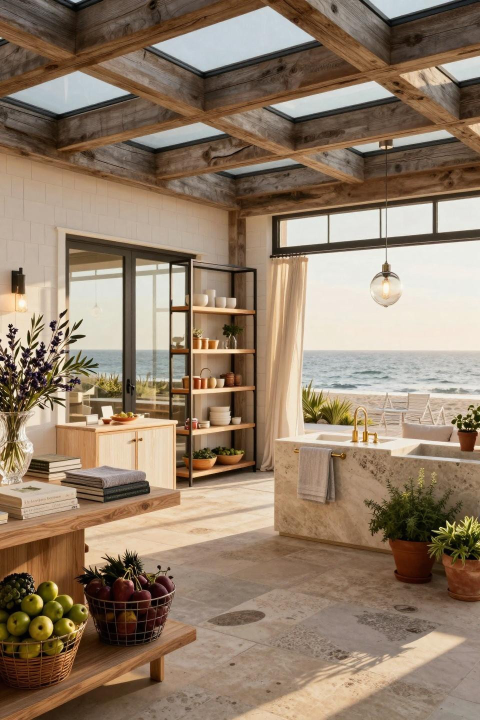 Farm store ideas with architectural glass and reclaimed teak shelving