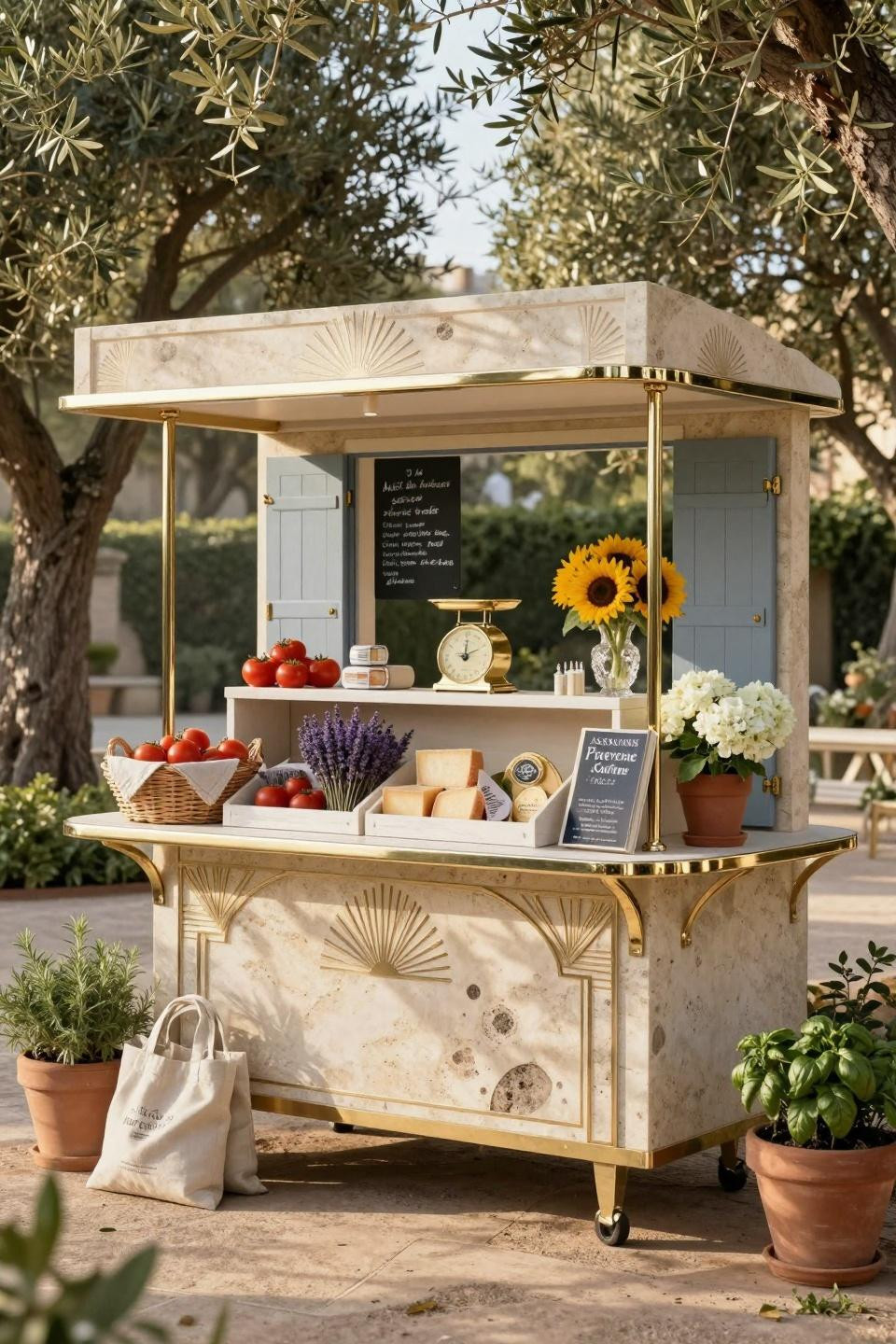Mobile farm stand with Art Deco limestone carving and polished nickel
