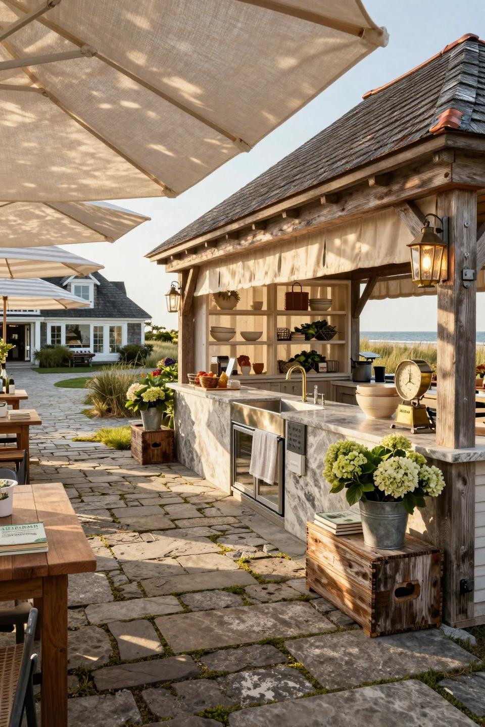 Farmstand display ideas featuring reclaimed wood and limestone pathways