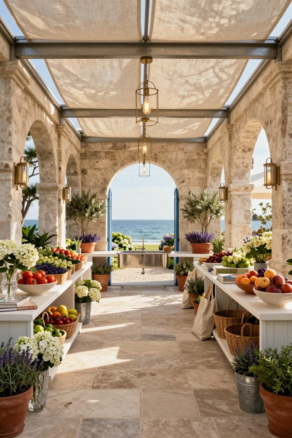 Farm market ideas with French limestone and polished nickel fixtures