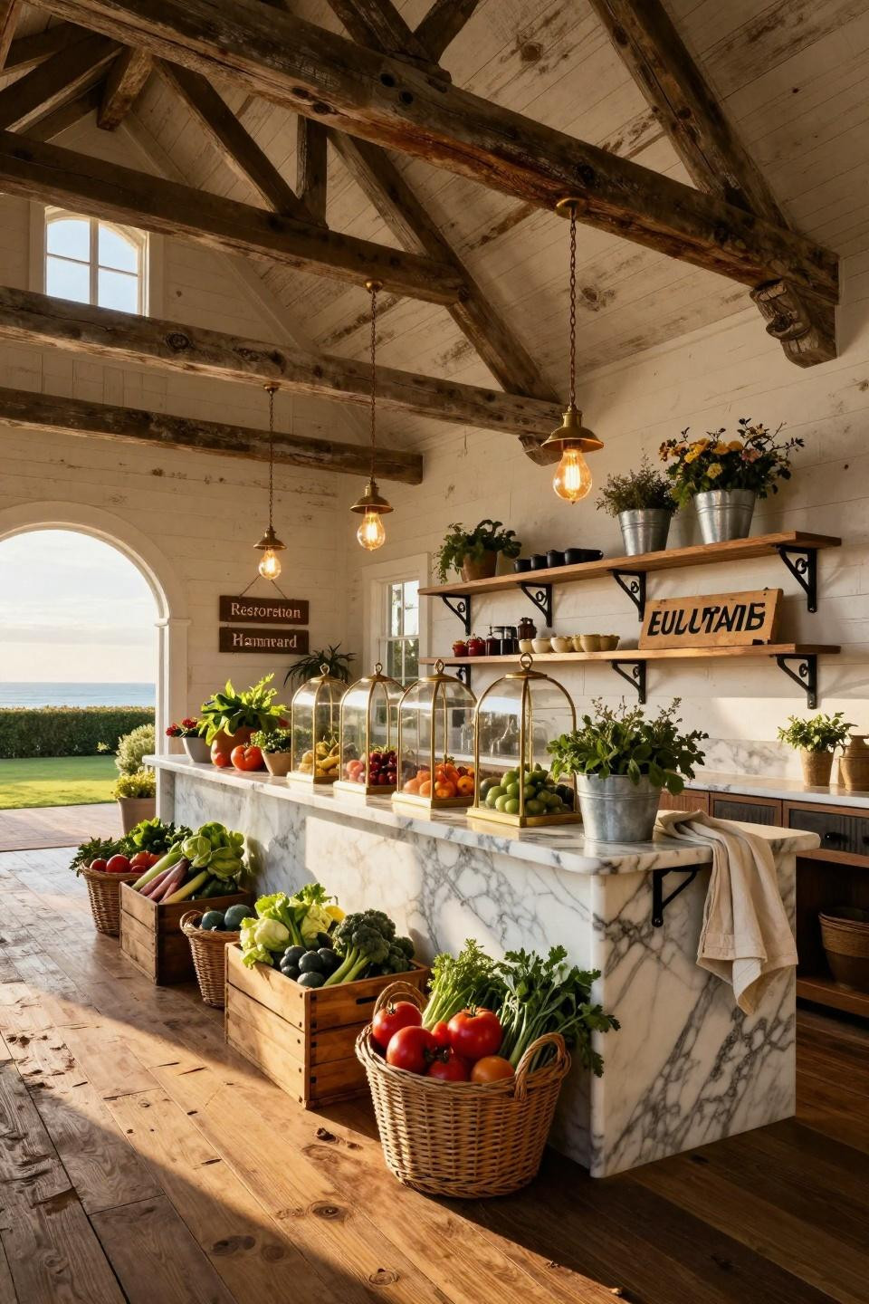 Farm market ideas with antique French marble display counter and Victorian-era glass cloches