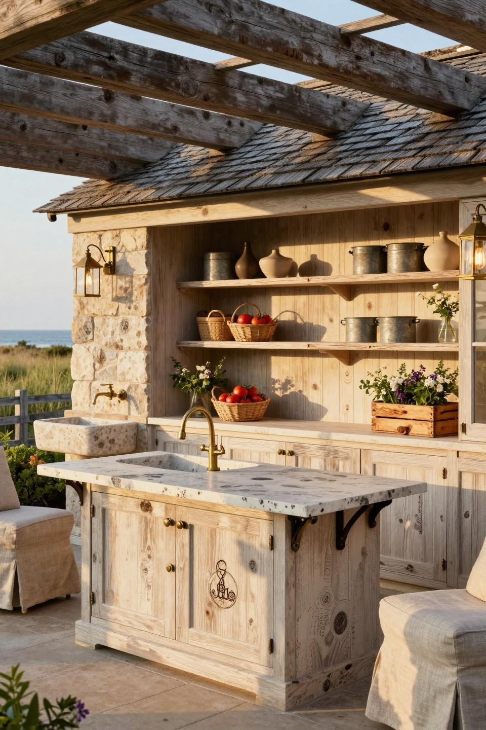Farmers market set up with museum-quality antique English potting table and limestone vessel sink