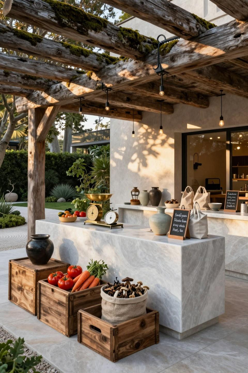 Road side stand ideas featuring 200-year-old Japanese cedar beams with natural moss patina
