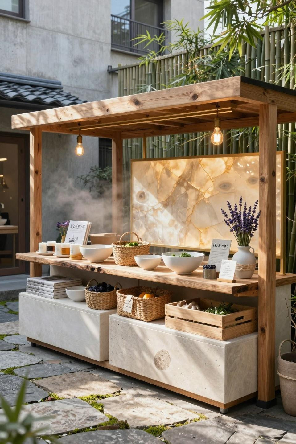 Self serve farm stand with backlit honey onyx panels and brushed gold fixtures in minimalist design
