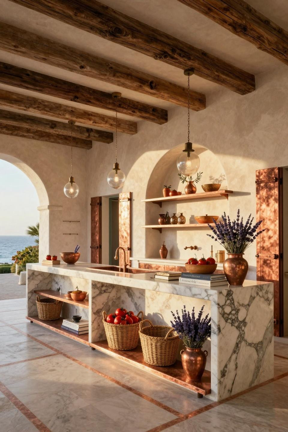 Farmstand display ideas with book-matched quartzite countertops and Provençal copper racks