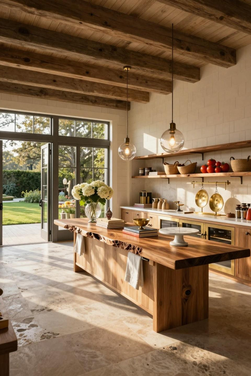 Roadside farm stand ideas with fourteen-foot cathedral ceilings and Jerusalem limestone flooring