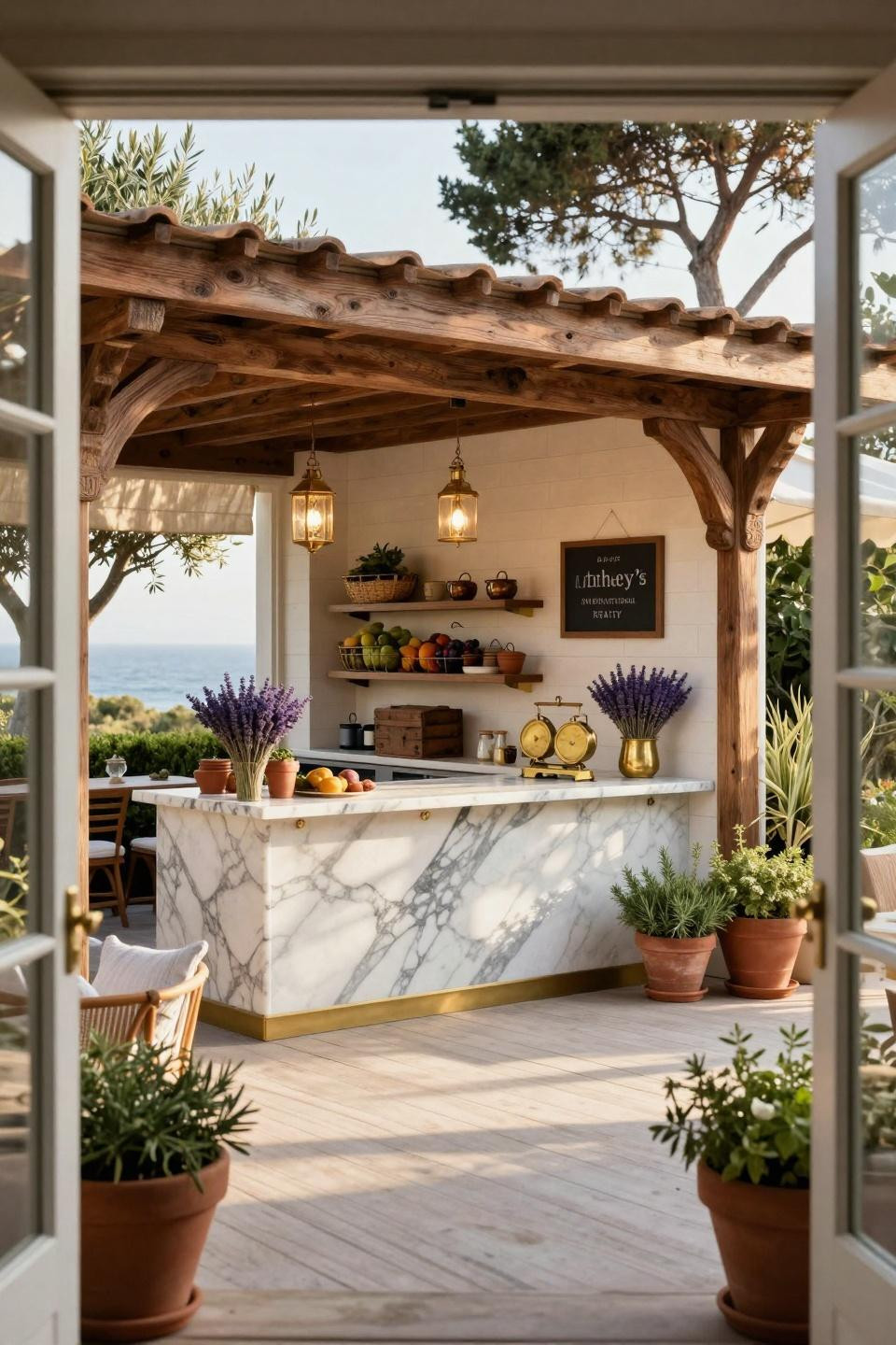 Farm market ideas featuring Calacatta Gold marble countertops with brass hardware in Malibu estate pavilion