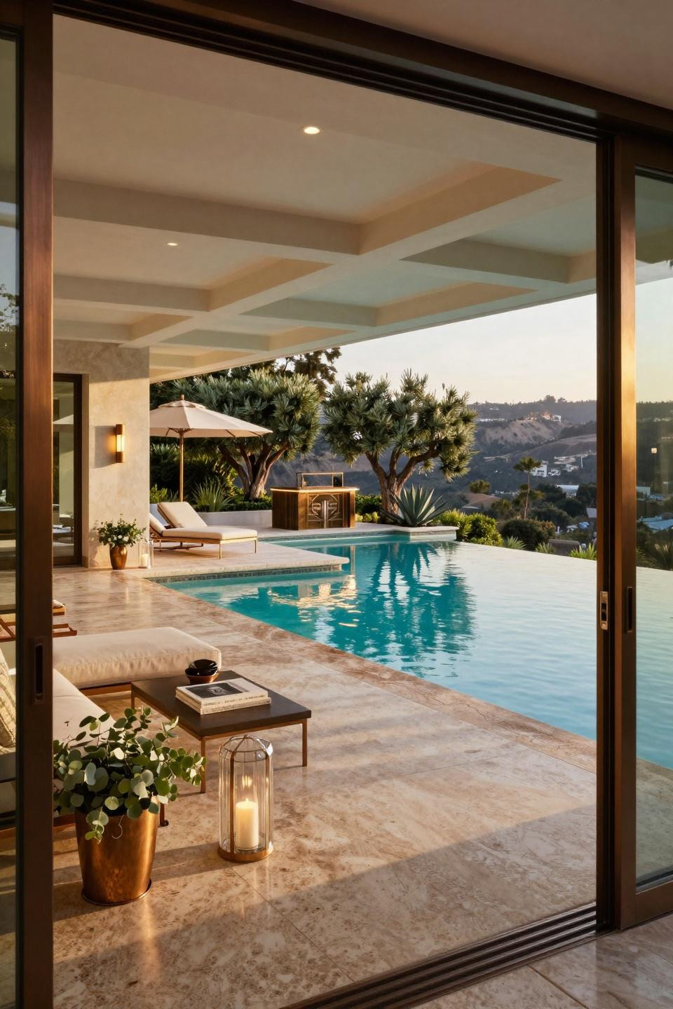 Semi inground pool ideas with bronze pavilion framing and travertine decking