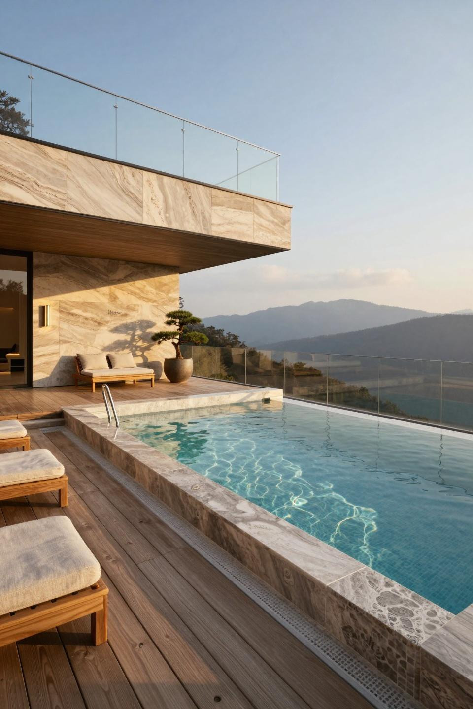 Semi inground pool ideas with French limestone and infinity edge mountain views