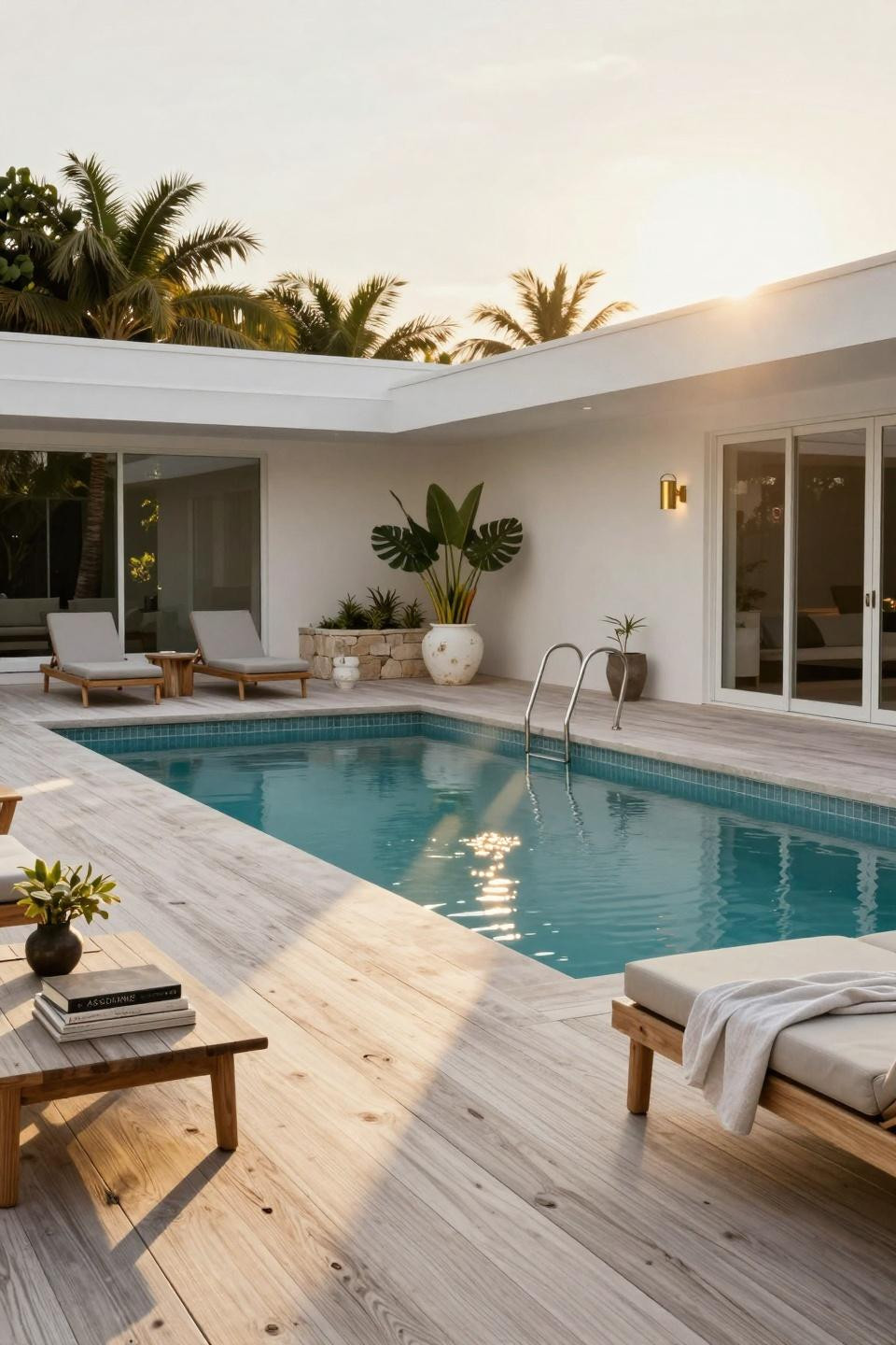 Semi inground pool ideas with large-format porcelain tile and Scandinavian serenity
