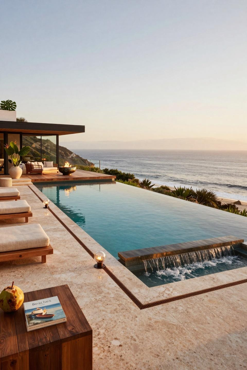 Semi inground pool ideas with frameless glass infinity edge and ocean panorama