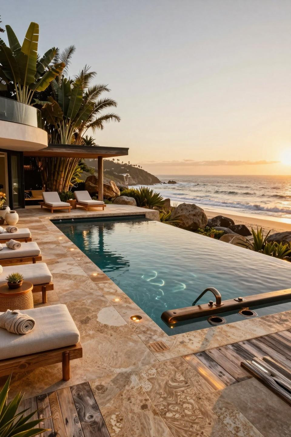 Semi inground pool ideas with travertine stone and ocean horizon views
