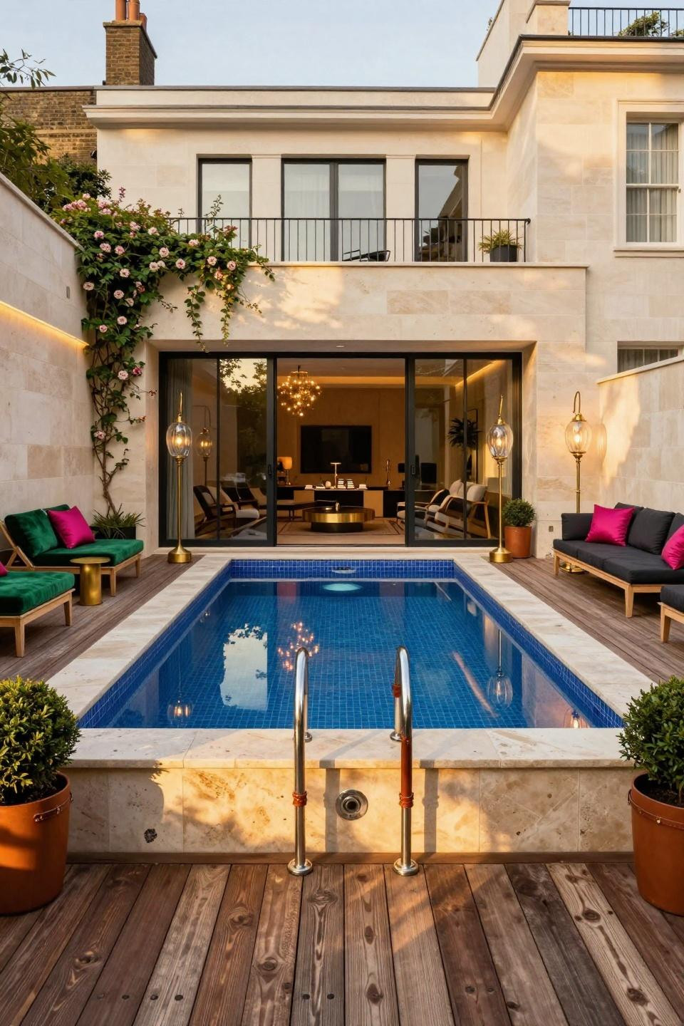 Semi inground pool ideas with Jerusalem limestone and jewel-tone maximalism